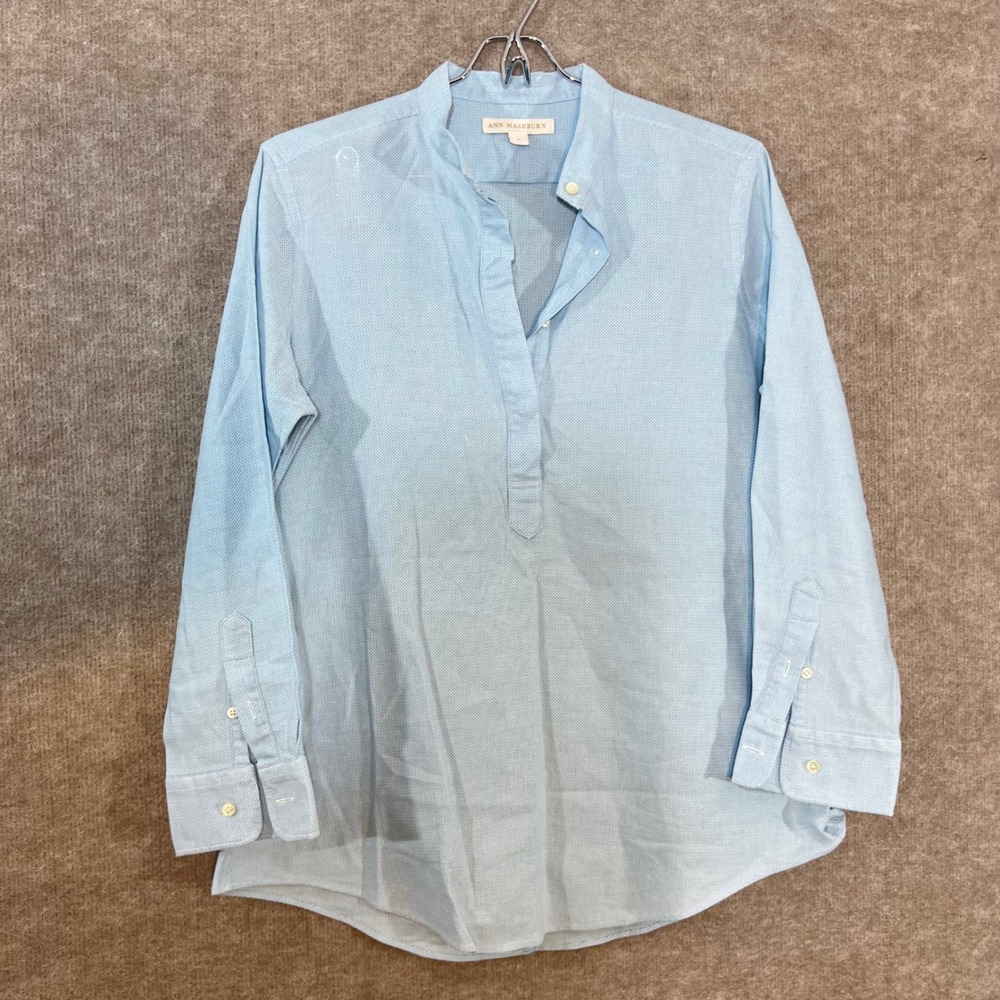 Ann Mashburn Tunic Blouse Women L Blue Cotton Long Sleeve Preppy Classic